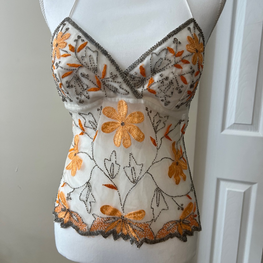 Embroidered Floral Halter Top - Orange and Cream